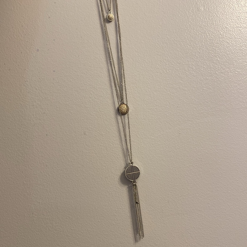 NWT Paparazzi necklace, long silver with three pendants and tassel at bottom